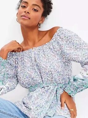 Ann Taylor LOFT Floral On or Off Shoulder Tie Waist Cotton Blend Peasant Blouse